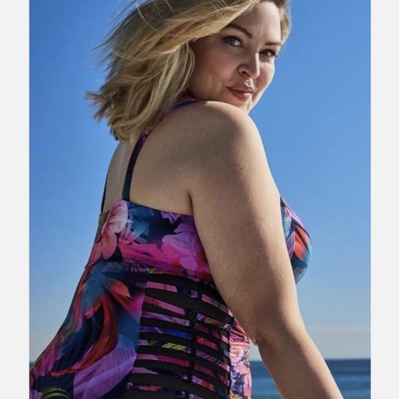 Torrid Slim Fix Underwire Lattice Side One Piece Swimsuit Multi Leaves Bathing - Picture 2 of 11